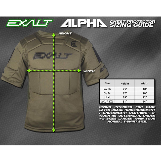 Exalt Alpha Chest Protector Olive size chart