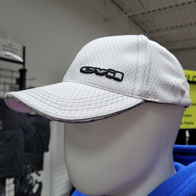 White with black accents baseball cap with Evil lettering