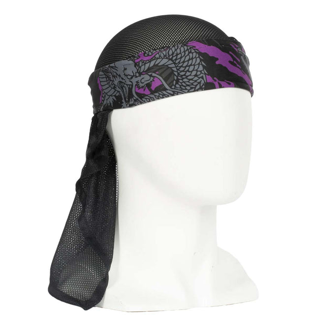 Front of HK Army Headwrap RYU Purple Grey Black and purple patterned headscarf on a mannequin head against a white background