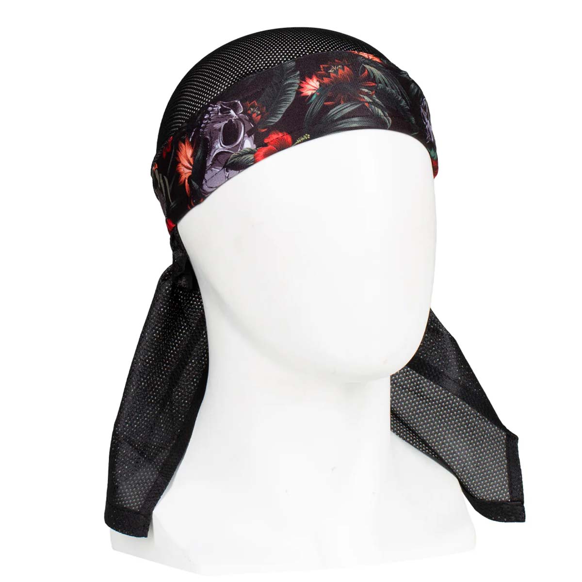 Front of HK Army Headwrap Tropical Skull Black, red, grey and green patterned headscarf on a mannequin head against a white background