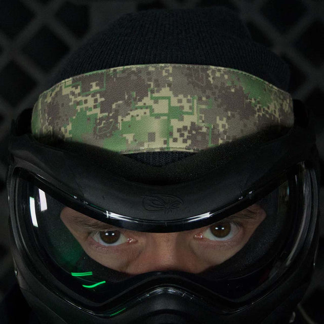 front of Eclipse DM Headband HDE on a person wearing a paintball goggle