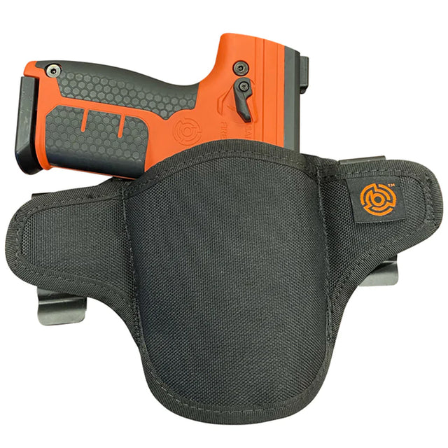 Byrna less than lethal launcher in a soft black holster on a white background