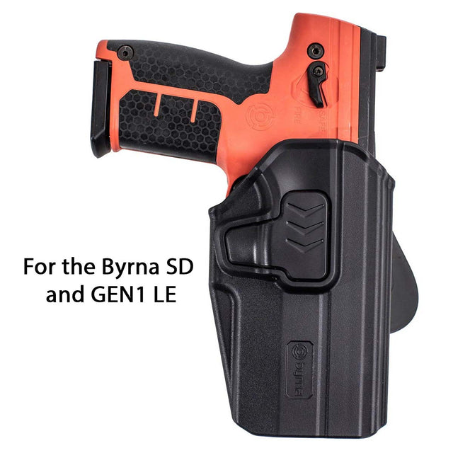Byrna Holster Level 2 w Paddle right hand draw with a Byrna pistol on a white background