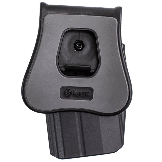 Rear view Byrna SD LE Universal Holster Level 2 w Paddle on a white background