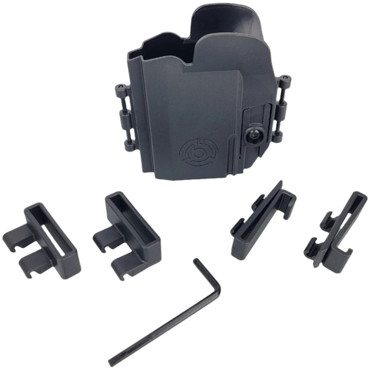 Byrna CL Level 1 Micro Holster components including the holster, belt clips, and an Allen key, all in black color.