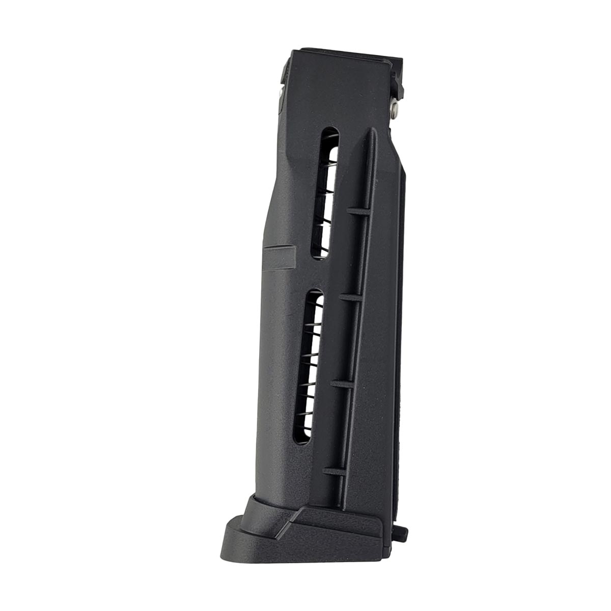 A black 5 round .61 caliber magazine for the Byrna CL with a finger extender.
