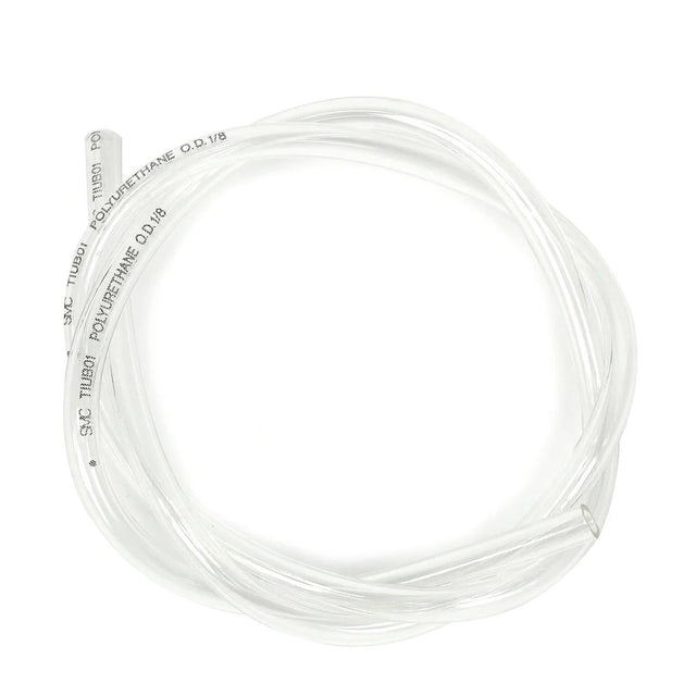 Clear plastic tube with text on a white background