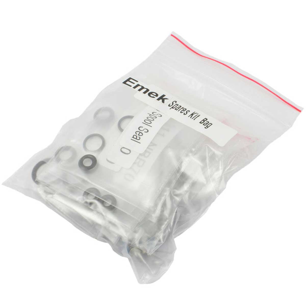 Clear zipper bag labeled Planet Eclipse EMEK 100 Spare Parts Bag with orings and other parts on a white background.