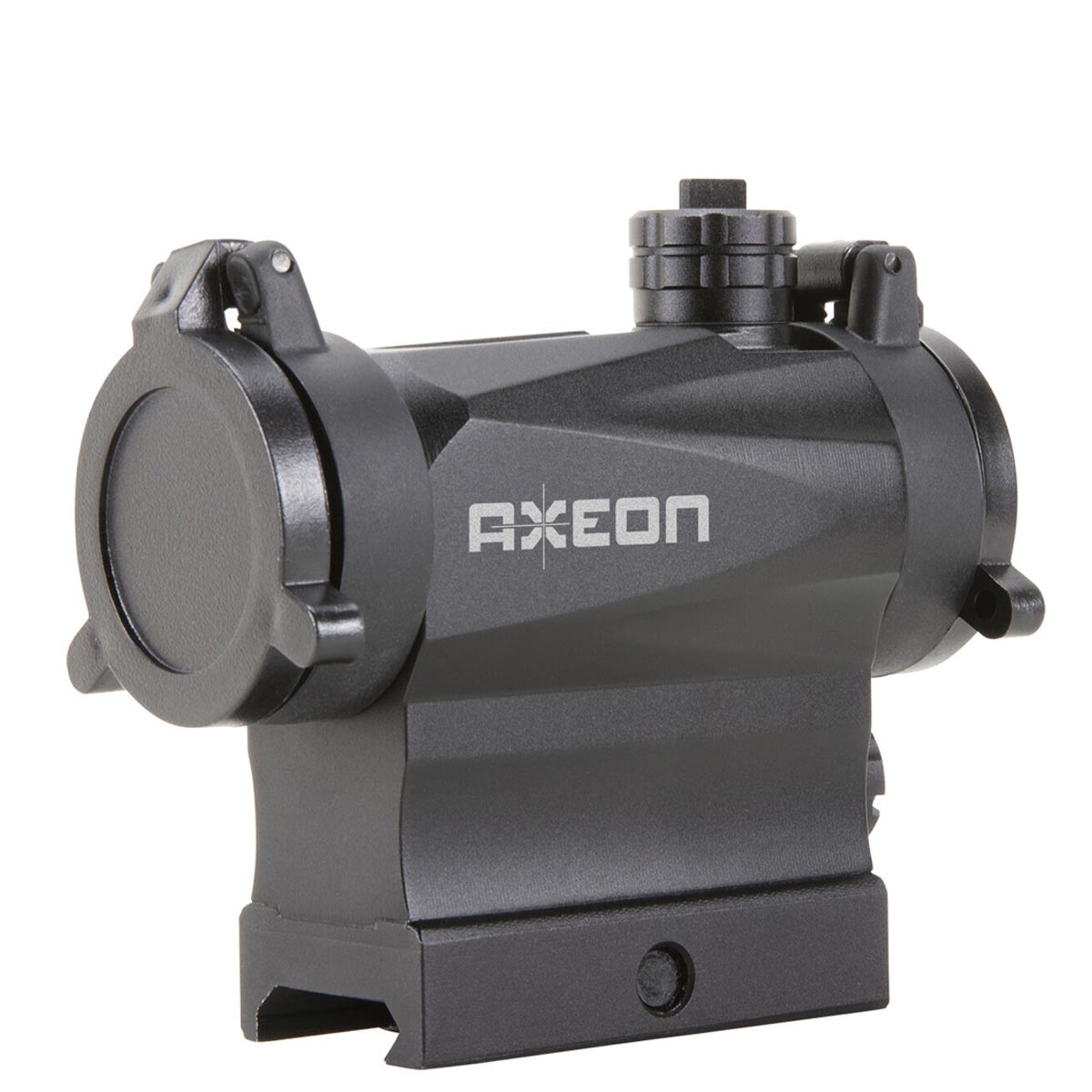 Left side angle view black AXEON 7XRGB20 Optic Tri Color Dot Sight for rifle mounting on a Picatinny rail.
