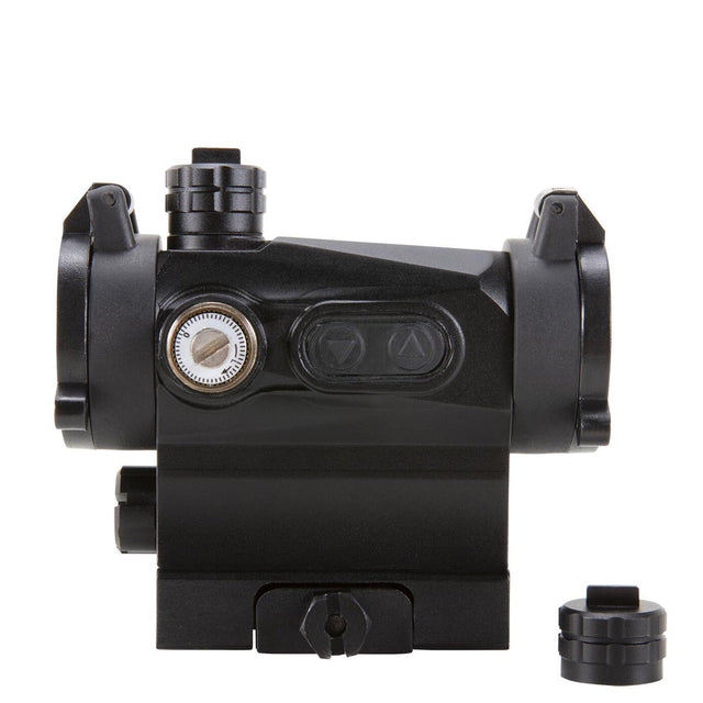 Left side view displaying windage dial black AXEON 7XRGB20 Optic Tri Color Dot Sight for rifle mounting on a Picatinny rail.