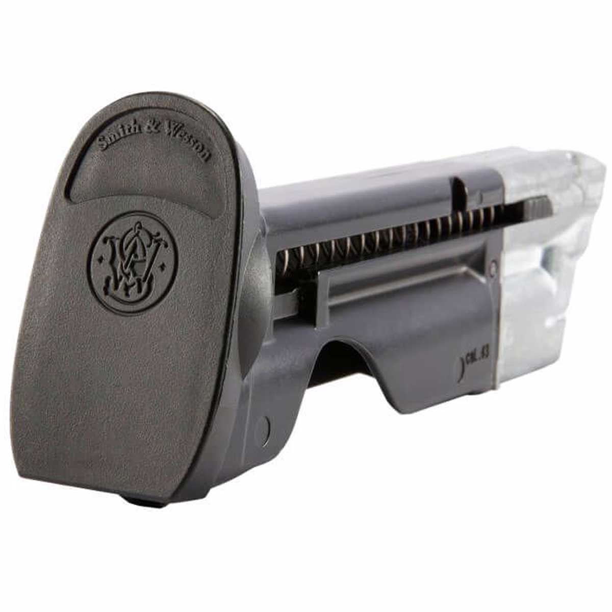Bottom of black and silver T4E S&W M&P9 .43 Cal 8rd CO2 Paintball Magazine on a white background