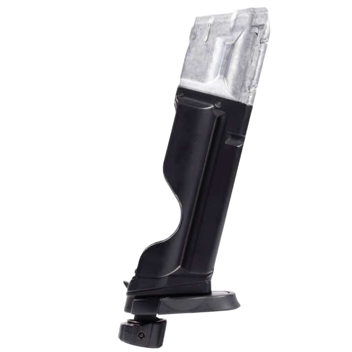 Right side black and silver T4E S&W M&P9 .43 Cal 8rd CO2 Quick Pierce Paintball Magazine on a white background