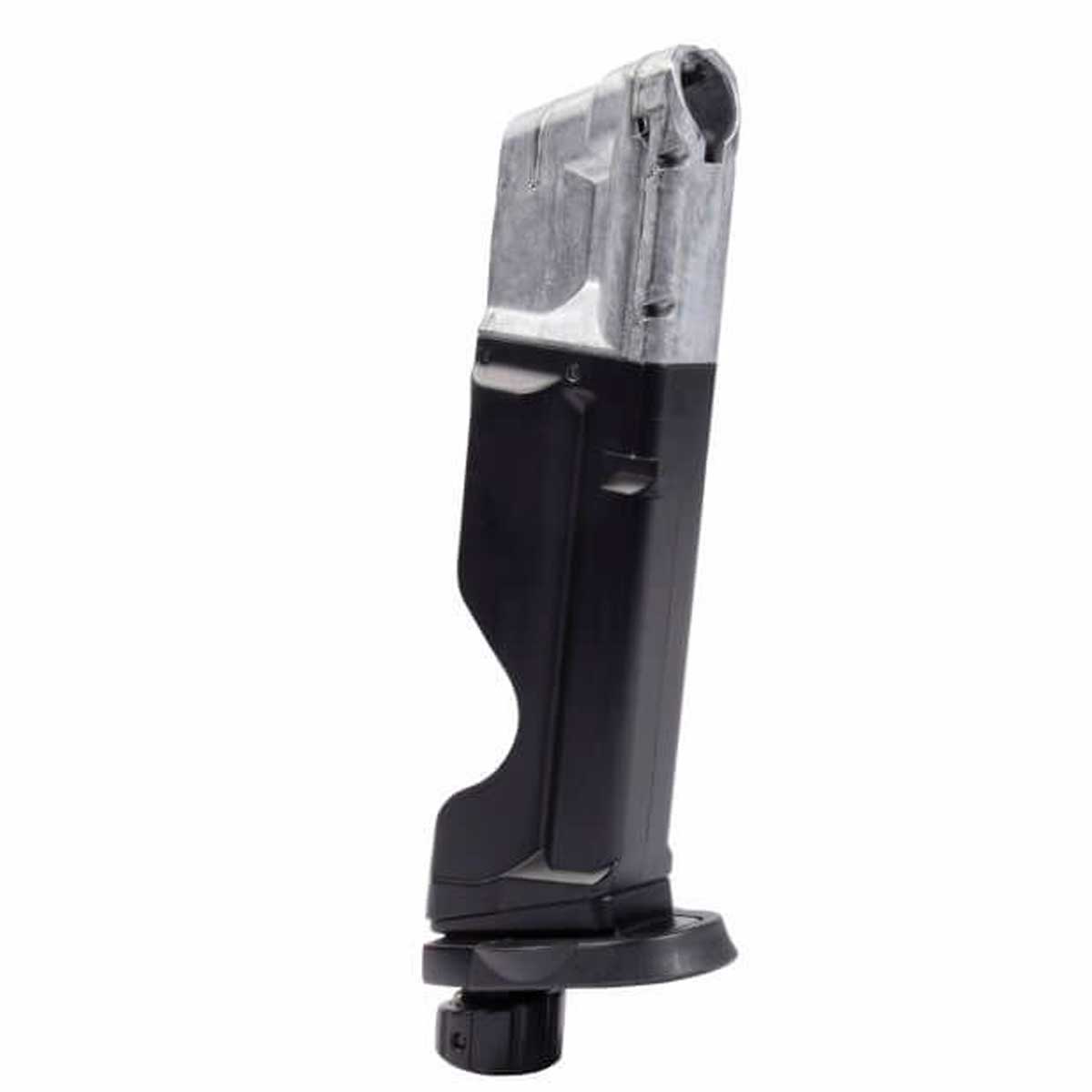 Right front angle black and silver T4E S&W M&P9 .43 Cal 8rd CO2 Quick Pierce Paintball Magazine on a white background