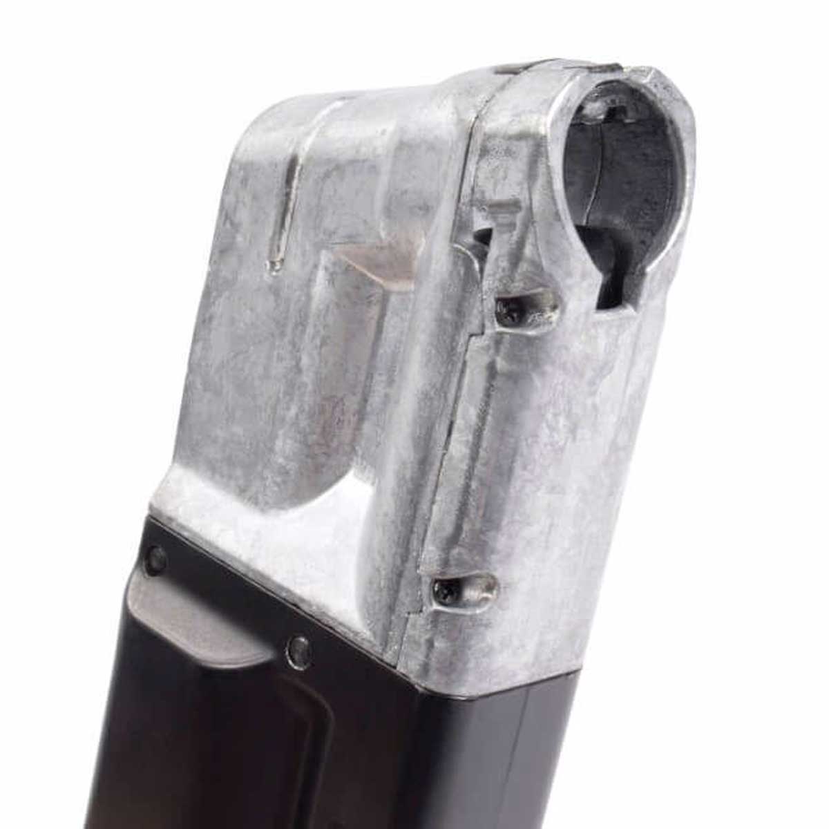 Close up of top of black and silver T4E S&W M&P9 .43 Cal 8rd CO2 Quick Pierce Paintball Magazine on a white background