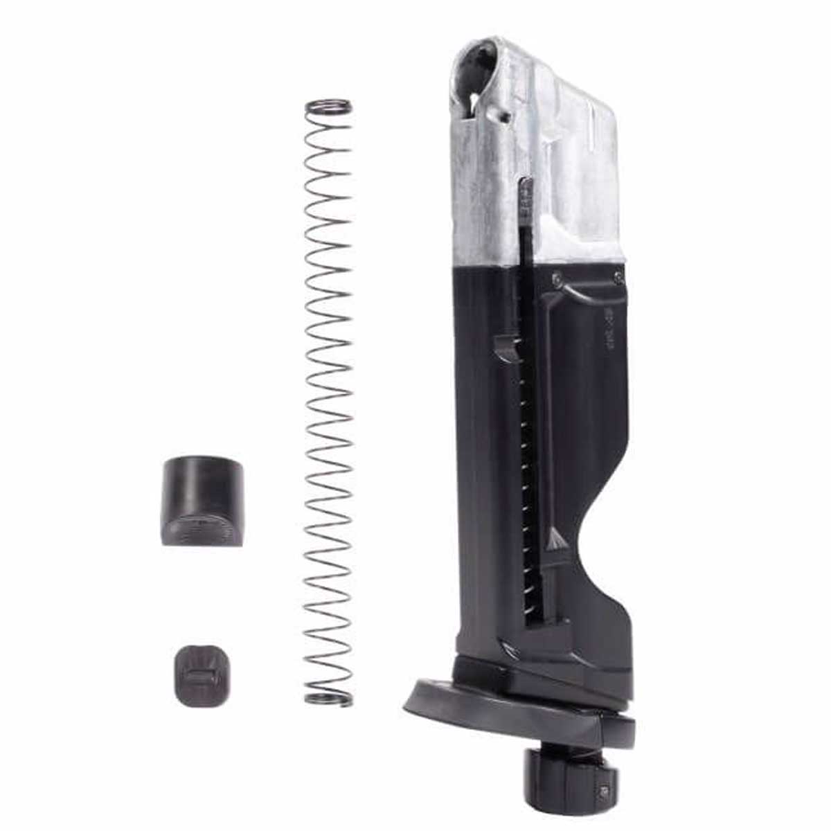 All parts of black and silver T4E S&W M&P9 .43 Cal 8rd CO2 Quick Pierce Paintball Magazine on a white background