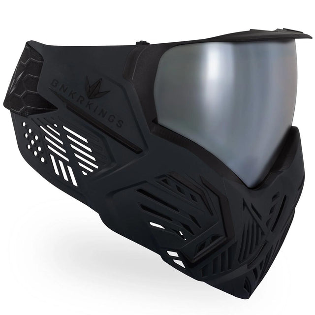 right side Black paintball mask with a silver lens Bunkerkings CMD Goggle Black Carbon on a white background