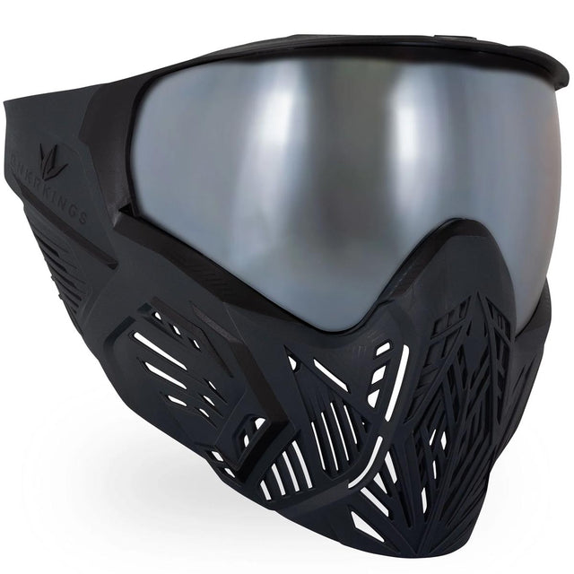 Black paintball mask with a silver lens Bunkerkings CMD Goggle Black Carbon on a white background