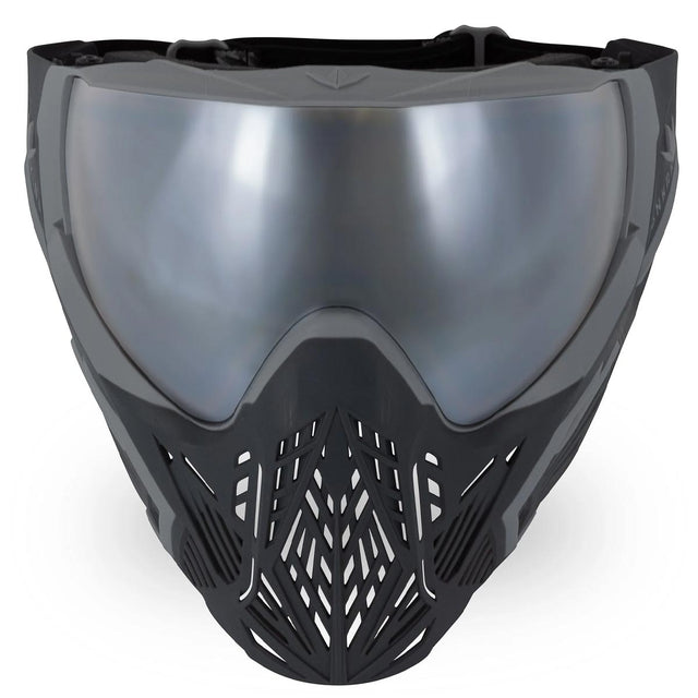 Front of Black with grey accents and a silver lens Bunkerkings CMD mask Black Panther for paintball on a white background