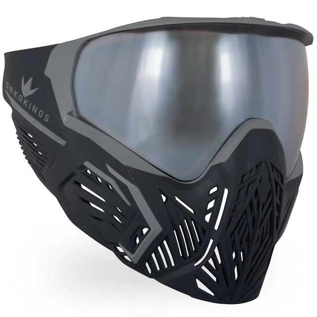 Black with grey accents and a silver lens Bunkerkings CMD Goggle Black Panther for paintball on a white background