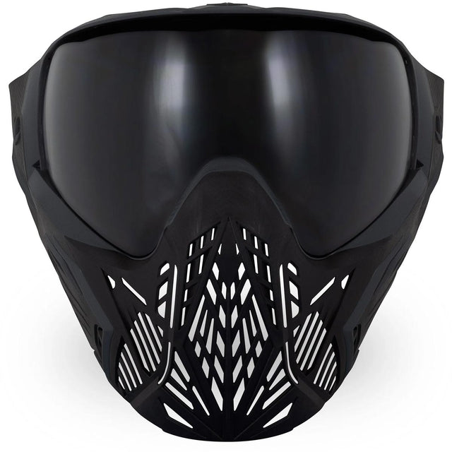 Front of Black paintball mask with a black lens Bunkerkings CMD Goggle Pitch Black on a white background