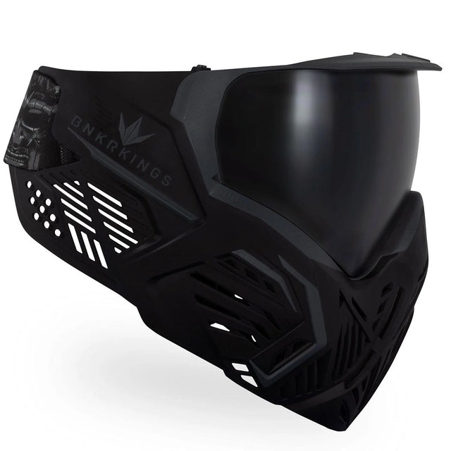 Right side Black paintball mask with a black lens Bunkerkings CMD Goggle Pitch Black on a white background