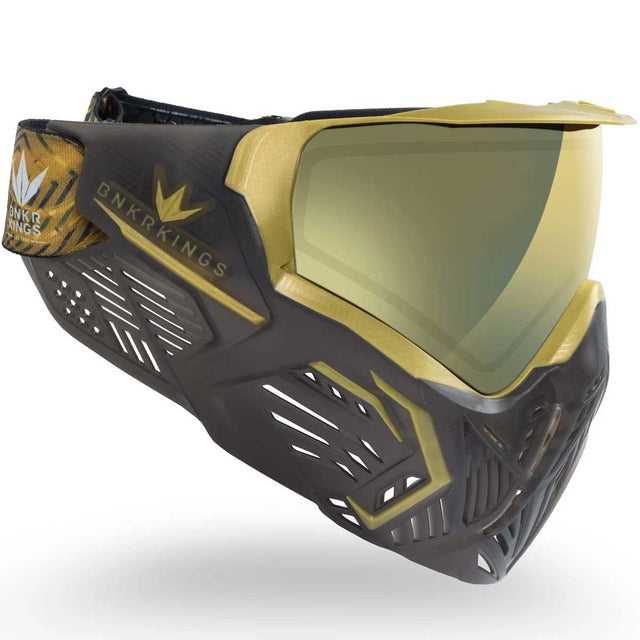 Right side Black with gold accents paintball mask with gold lens Bunkerkings CMD Goggle Black Gold on a white background