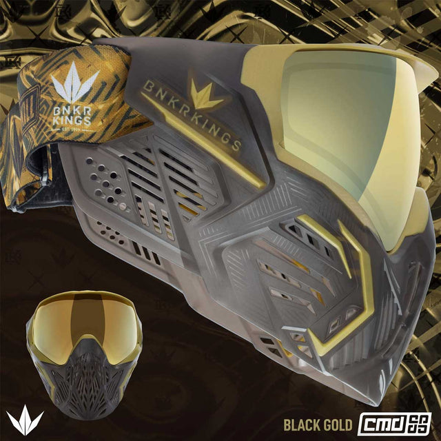 Graphic Black with gold accents paintball goggle with gold lens Bunkerkings CMD Goggle Black Gold on a black background