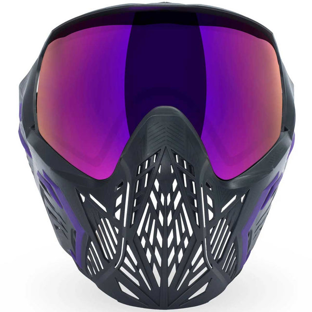 Purple and dark grey with a purple mirror lens Bunkerkings CMD paintball Goggle Aurora Gray on a white background front view