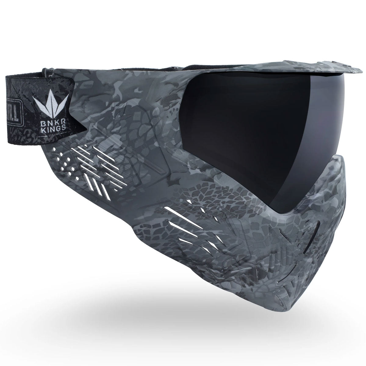 Right side Black grey camo paintball Bunkerkings CMD mask Black Highlander with a dark lens on a white background