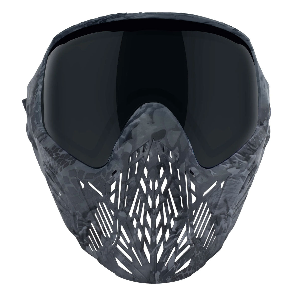 front of Black grey camo paintball Bunkerkings CMD Goggle Black Highlander with a dark lens on a white background