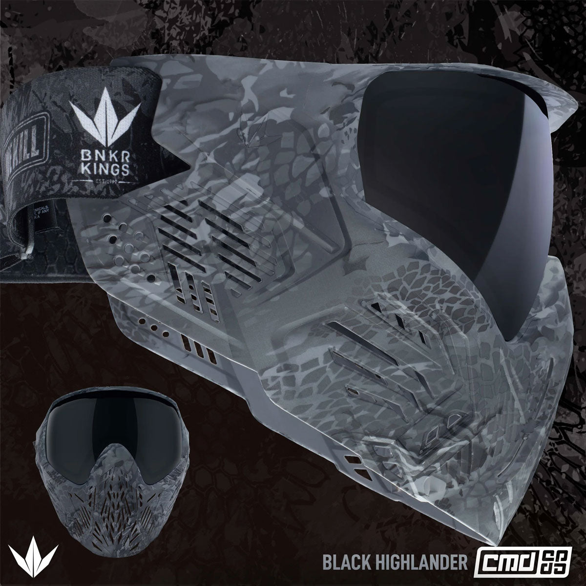 Graphic depicting Black grey camo paintball Bunkerkings CMD Goggle Black Highlander with a dark lens on a black background