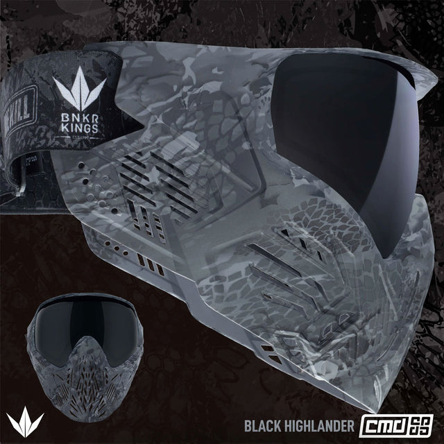 Graphic depicting Black grey camo paintball Bunkerkings CMD Goggle Black Highlander with a dark lens on a black background