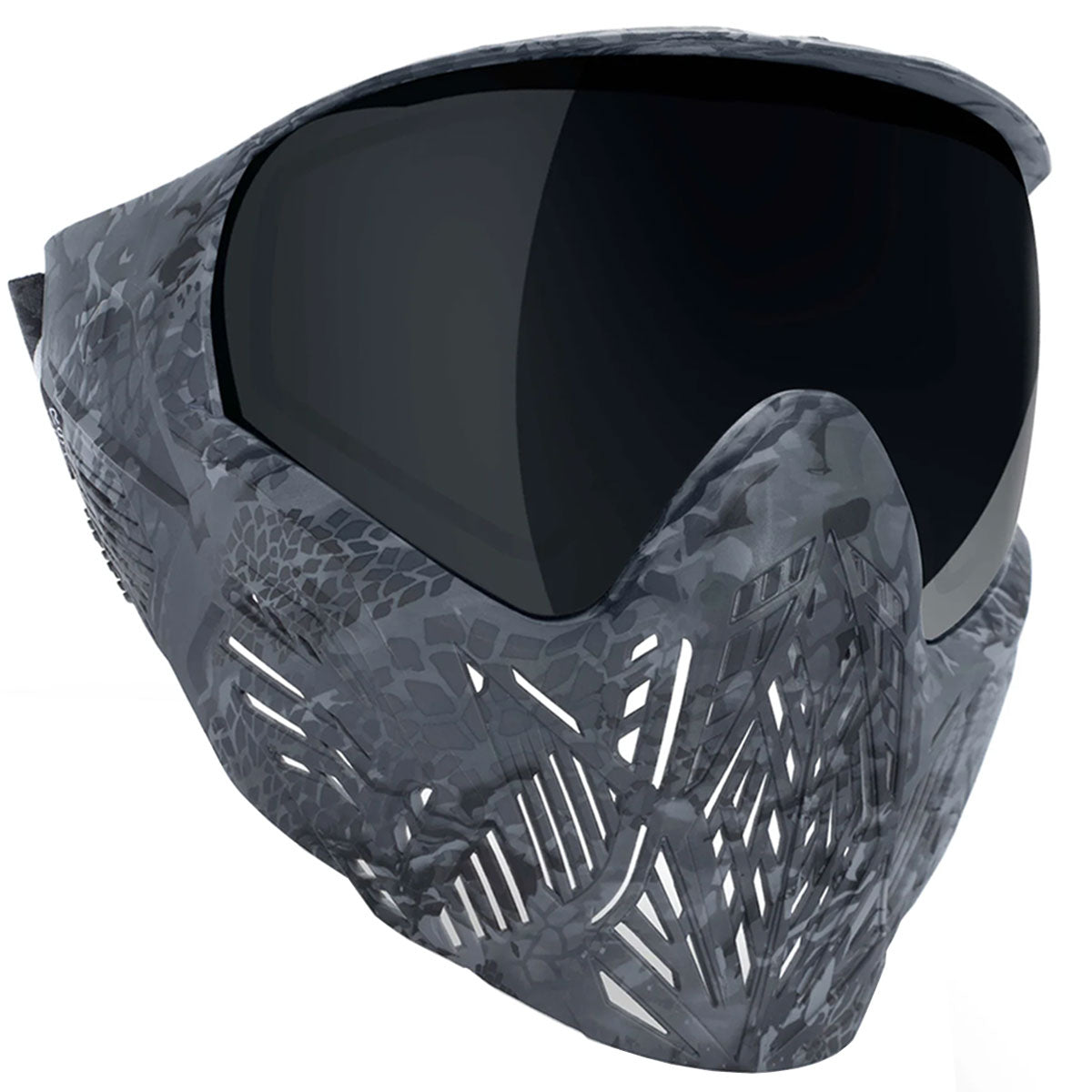 Black grey camo paintball Bunkerkings CMD Goggle Black Highlander with a dark lens on a white background