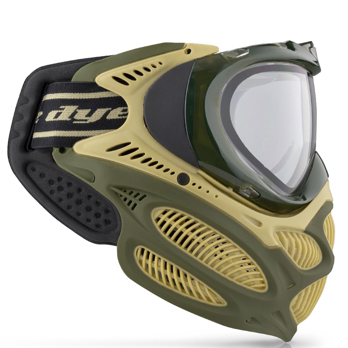 Green and yellow Dye I3 Pro Paintball Goggle Tac Olive on a white background