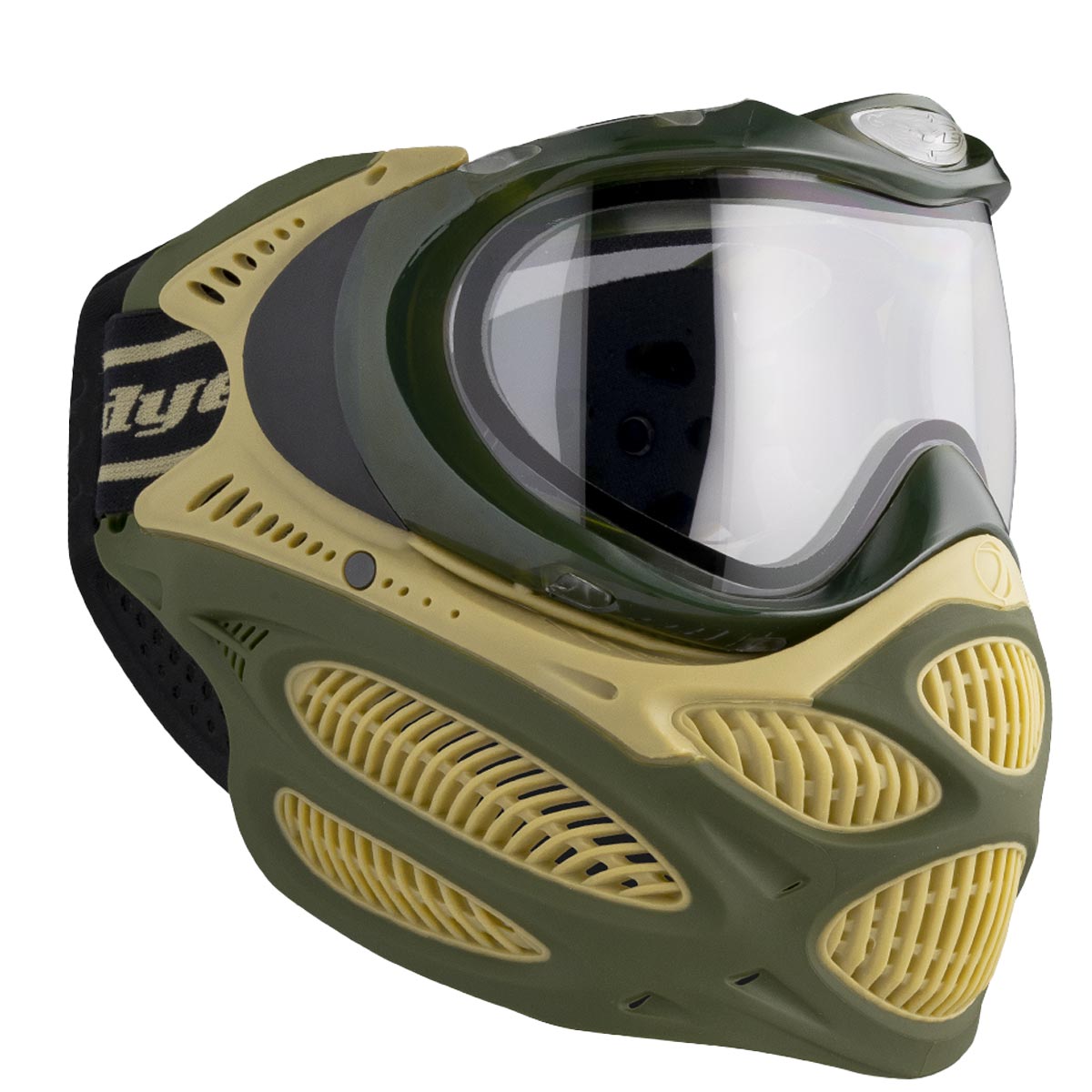 Green and yellow Dye I3 Pro Paintball Goggle Tac Olive on a white background