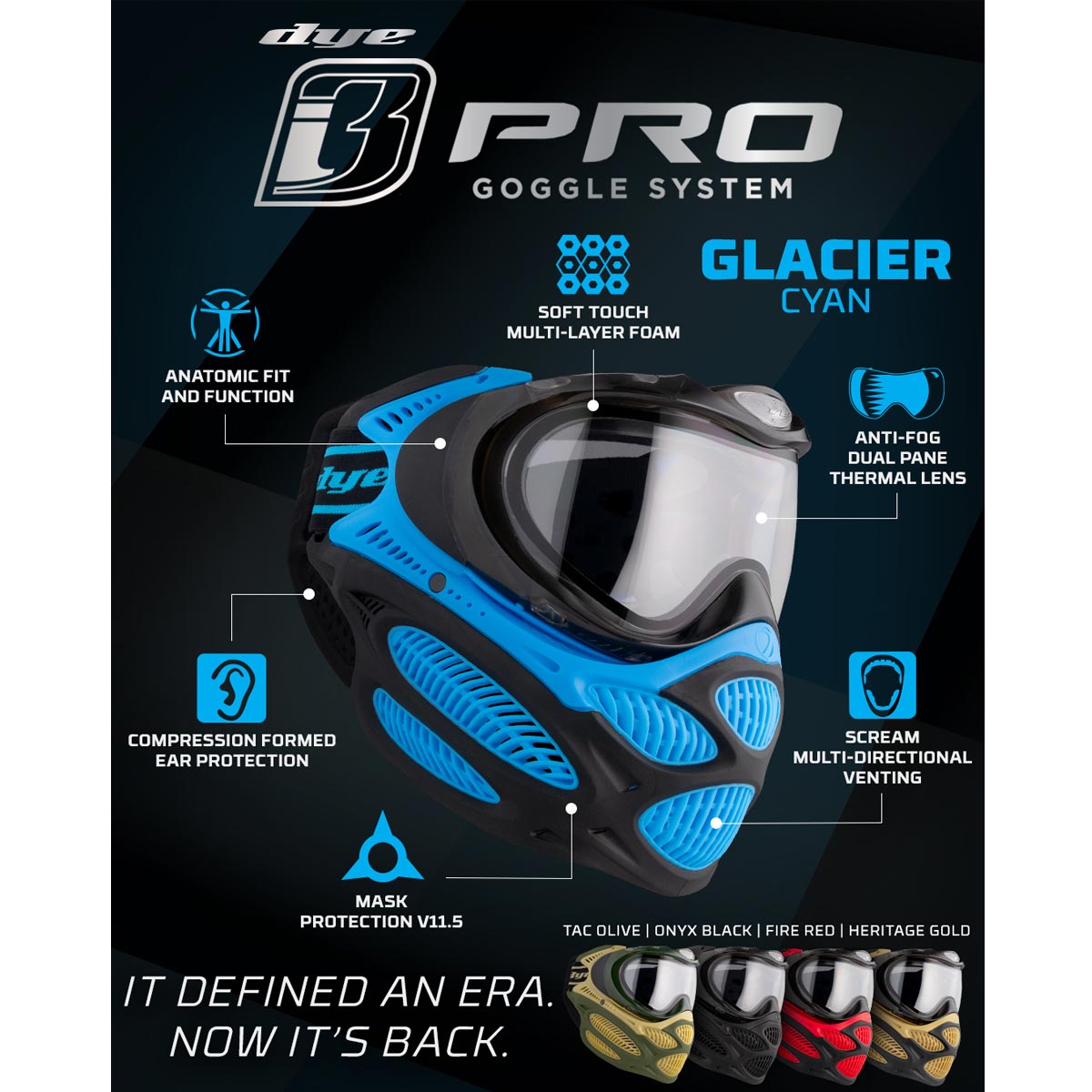 Blue and black Dye I3 Pro Paintball Goggle Glacier Cyan features graphic