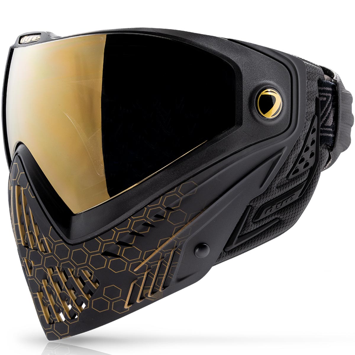 Dye I5 Paintball Mask Hypercam Black Gold angled on a white background