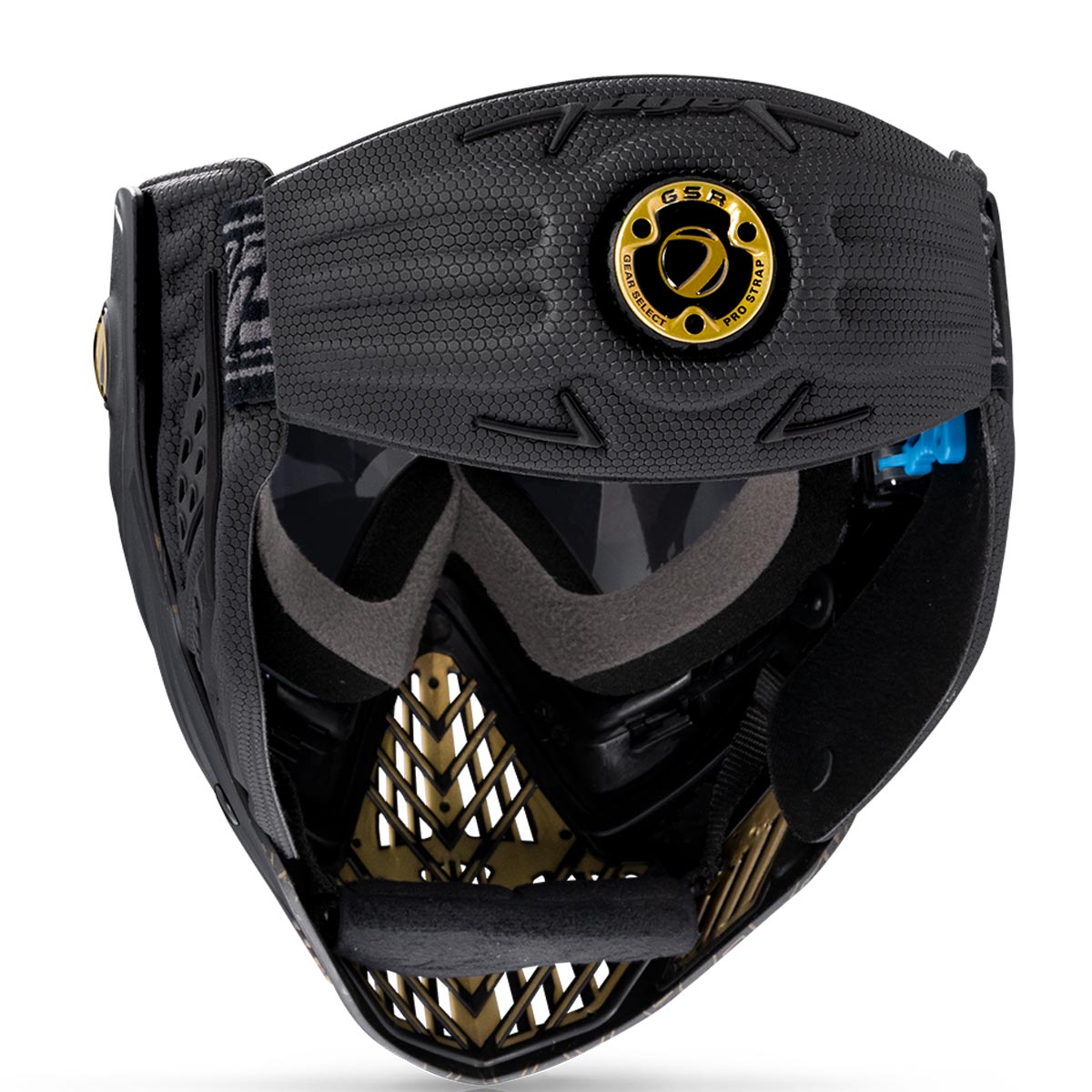 Dye I5 Paintball goggle back side Hypercam Black Gold on a white background