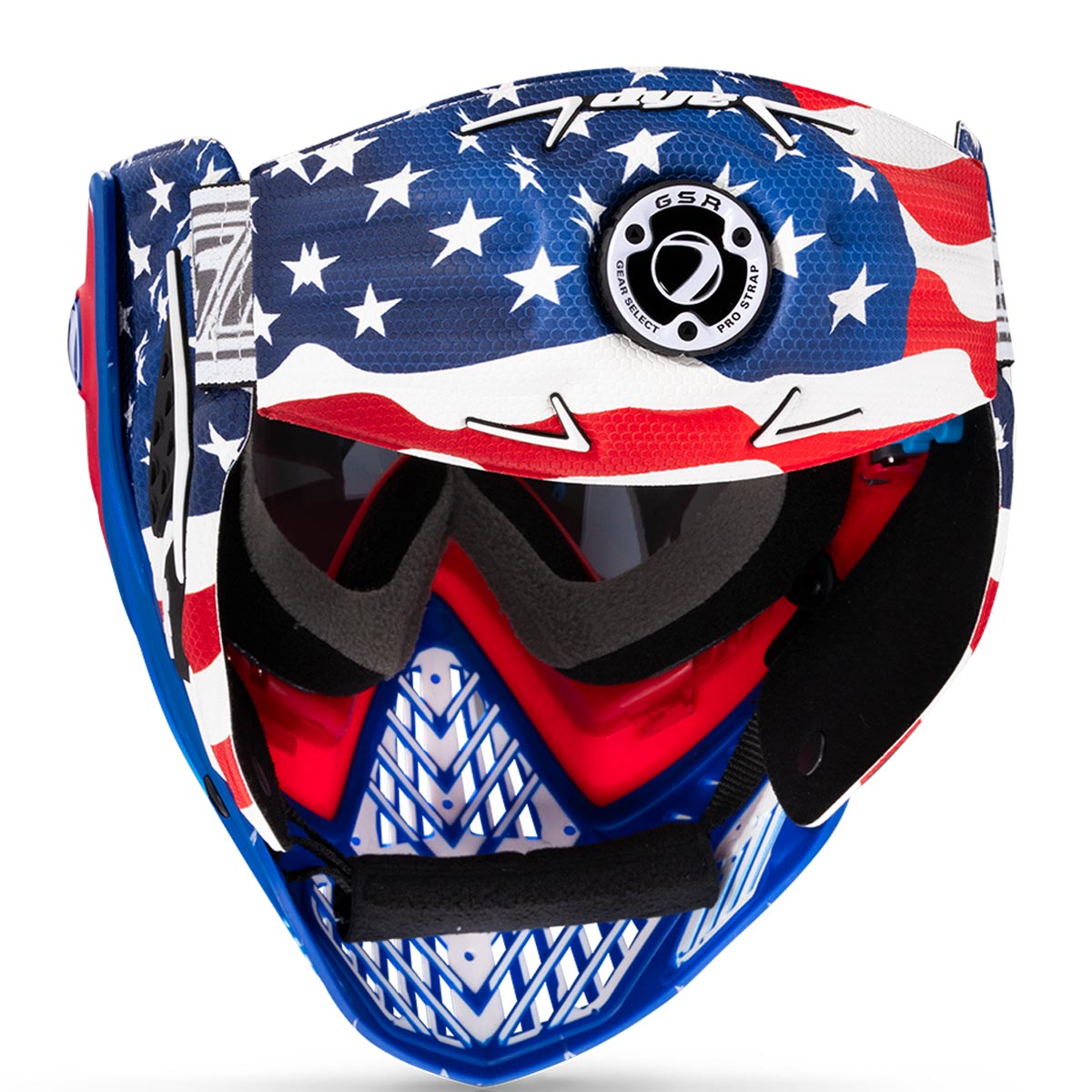Dye I5 Paintball Mask Merica Red White Blue rear view on a white background