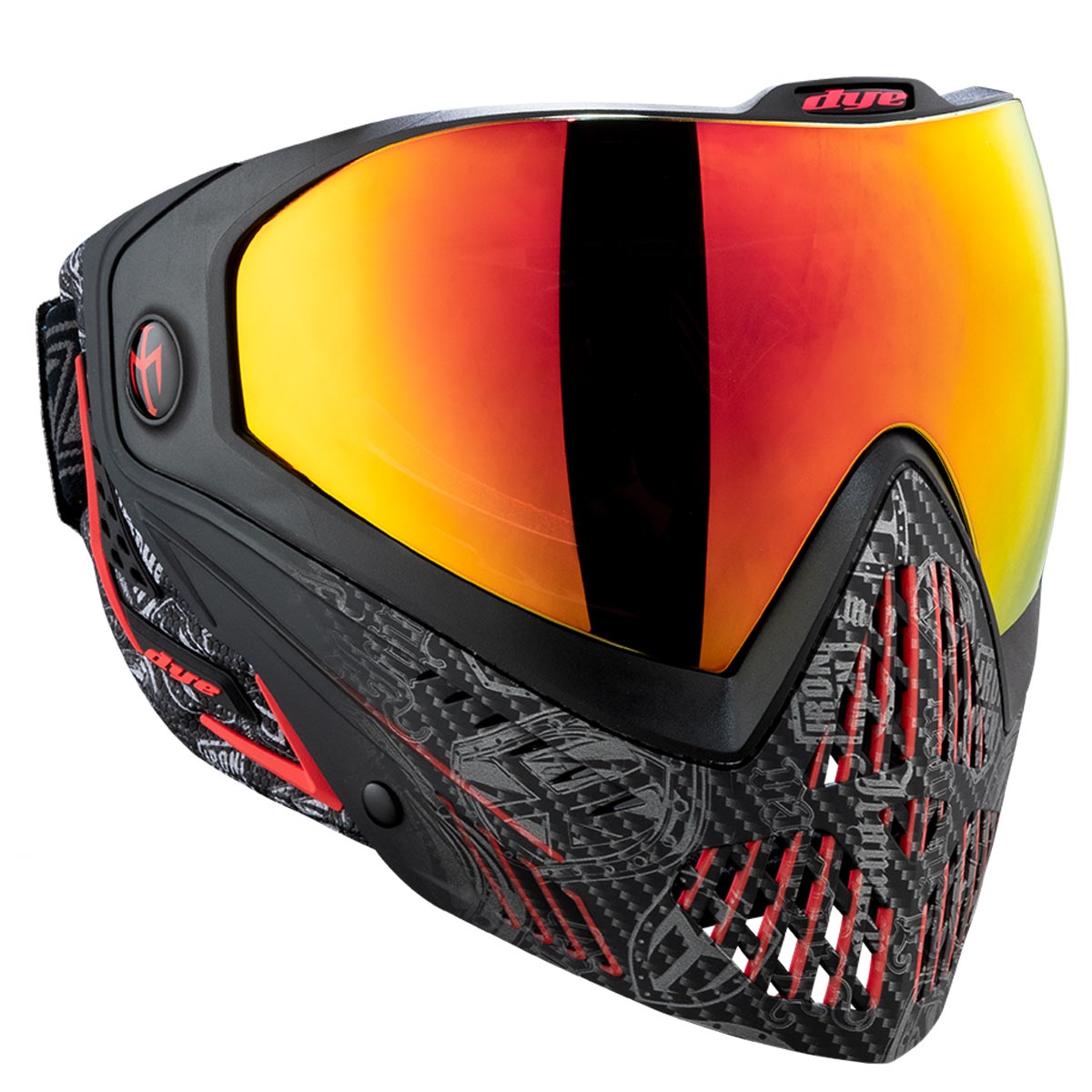 Dye I5 Paintball Mask IM Shields Black Red on a white background