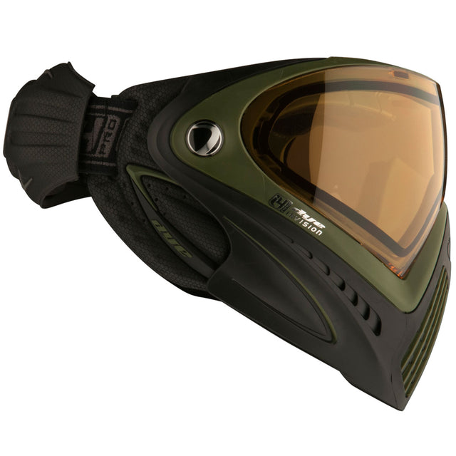 Side view Olive green and black Dye i4 Pro Paintball Goggle Black Olive SRGNT with tinted lens