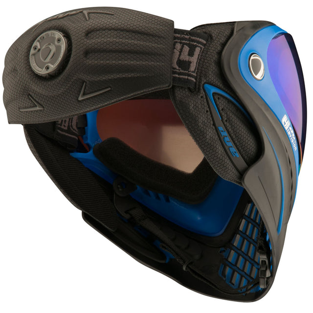 Back side of Blue and black paintball mask with green blue reflective lens on a white background Dye i4 Pro Black Blue SeaTec