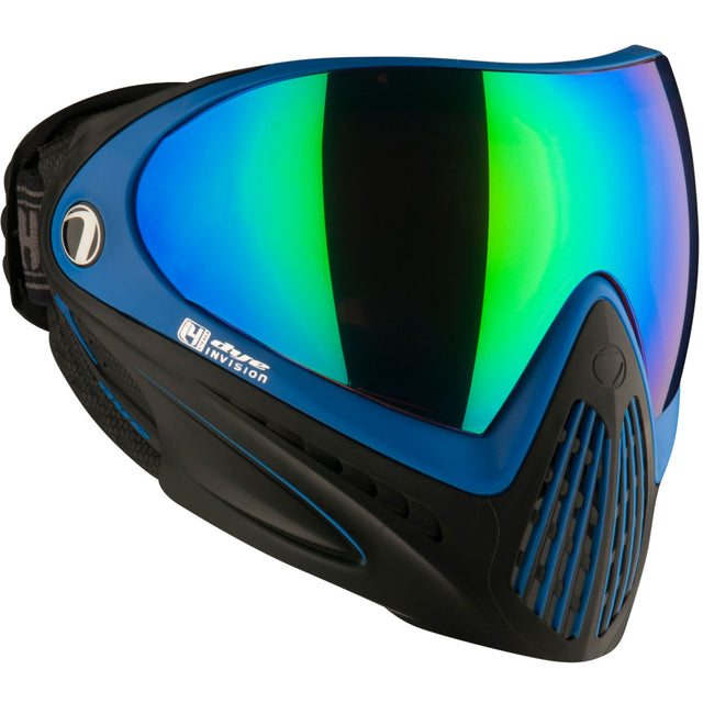 Blue and black paintball mask with green blue reflective lens on a white background Dye i4 Pro Paintball Goggle Black Blue SeaTec