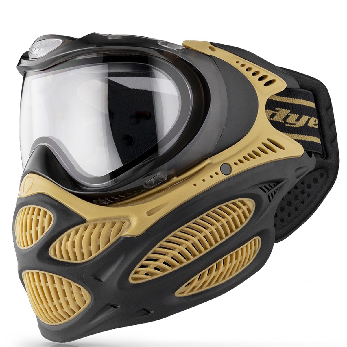 Black and yellow Dye I3 Pro Paintball Goggle Heritage Gold on a white background
