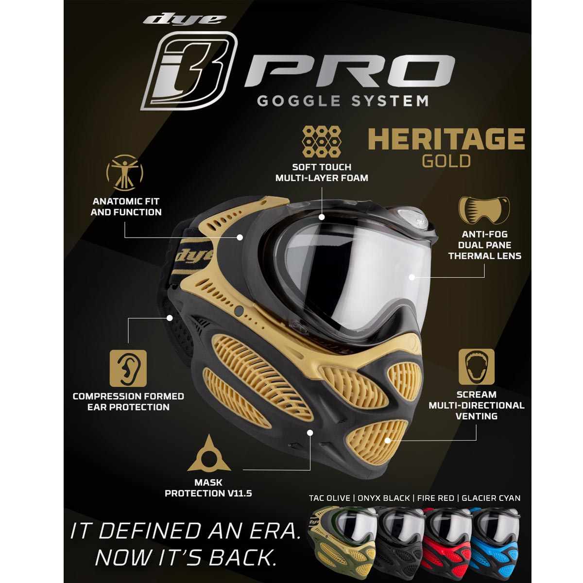 Black and yellow Dye I3 Pro Paintball Goggle Heritage Gold features graphic