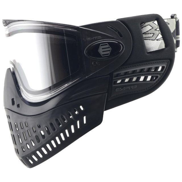 Left side of Empire E-Vent paintball mask with black frame and clear lens.