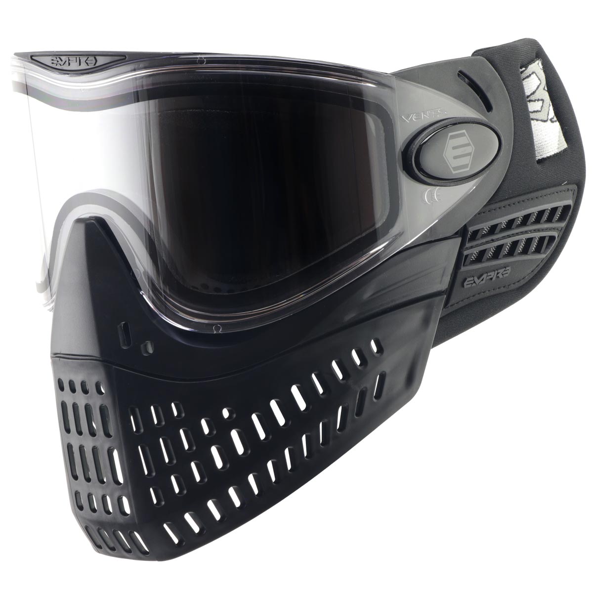 Empire E-Vent paintball mask with black frame and clear lens.