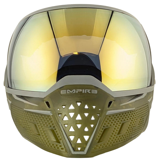 Empire EVS Goggle Translucent Olive Gold Mirror Lens paintball mask with 'Empire' branding on a white background
