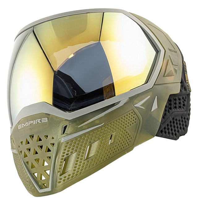 Empire EVS Goggle Translucent Olive Gold Mirror Lens paintball mask with reflective visor on a white background
