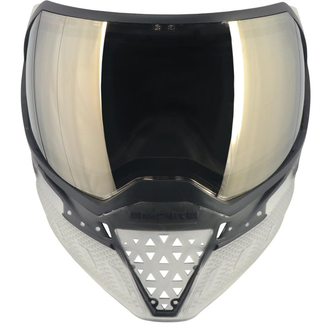 Front of Black and clear white paintball mask with reflective lens Empire EVS Goggle Clear Black HD Black Chrome Lens on a white